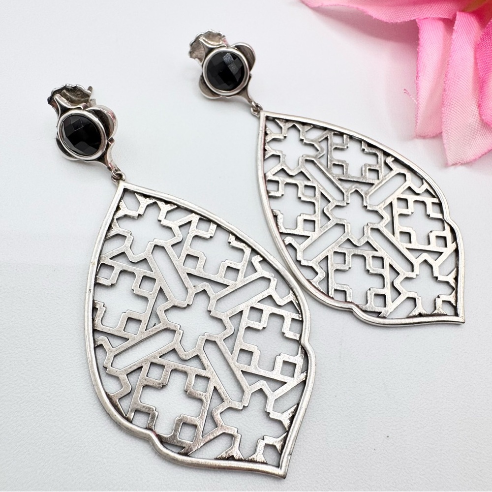 Designer Style Lattice Drop Earrings Eastern Silver Tone Signed “AV” Boho